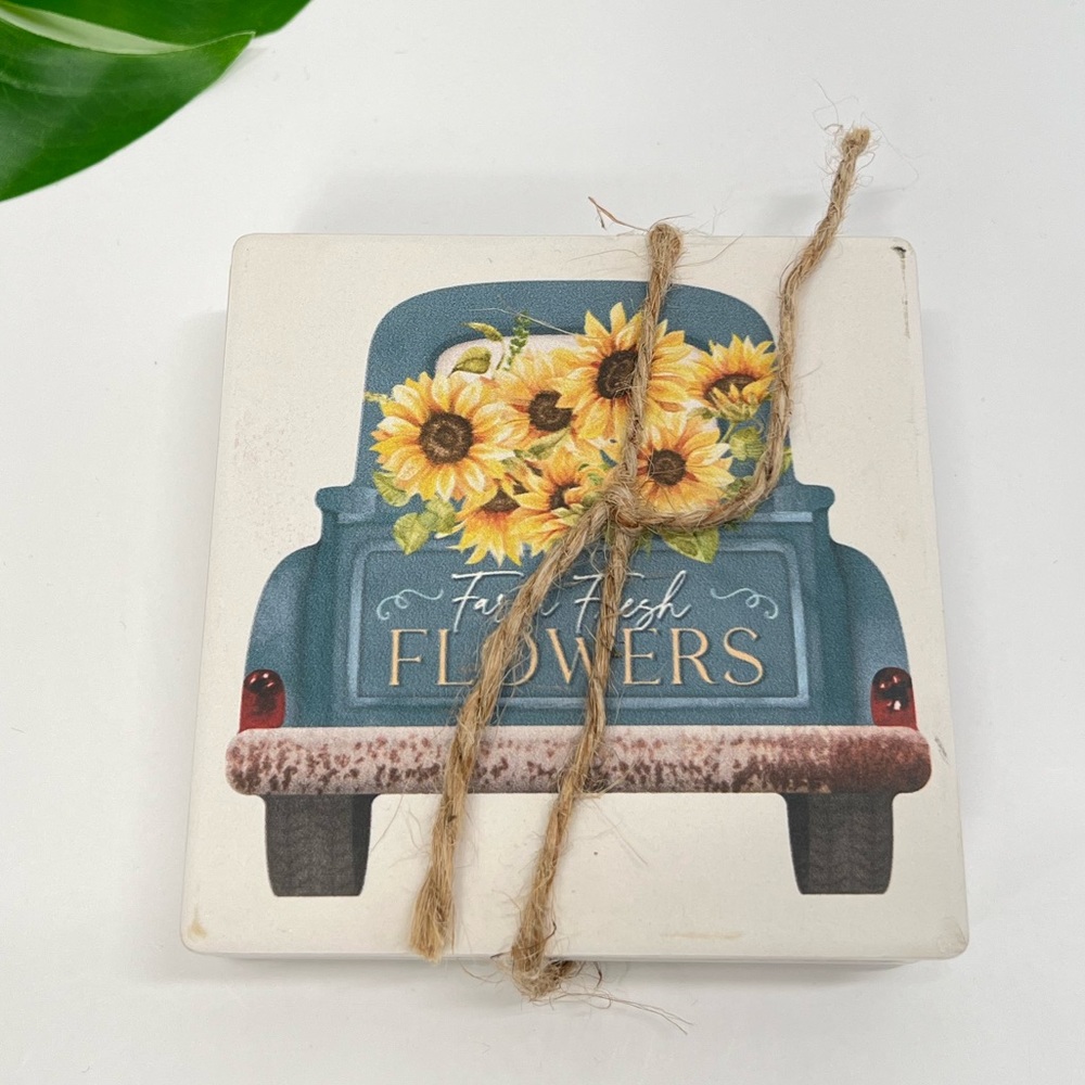 Rustic Farmhouse Ceramic Coasters Blue Pickup Truck Sunflowers Farm Floral Ranch